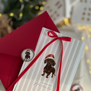 Kartka świąteczna handmade – Jamniczek w czapeczce Mikołaja