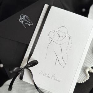 Minimalistyczna Kartka na Ślub - black&white ze wstążką i kopertą